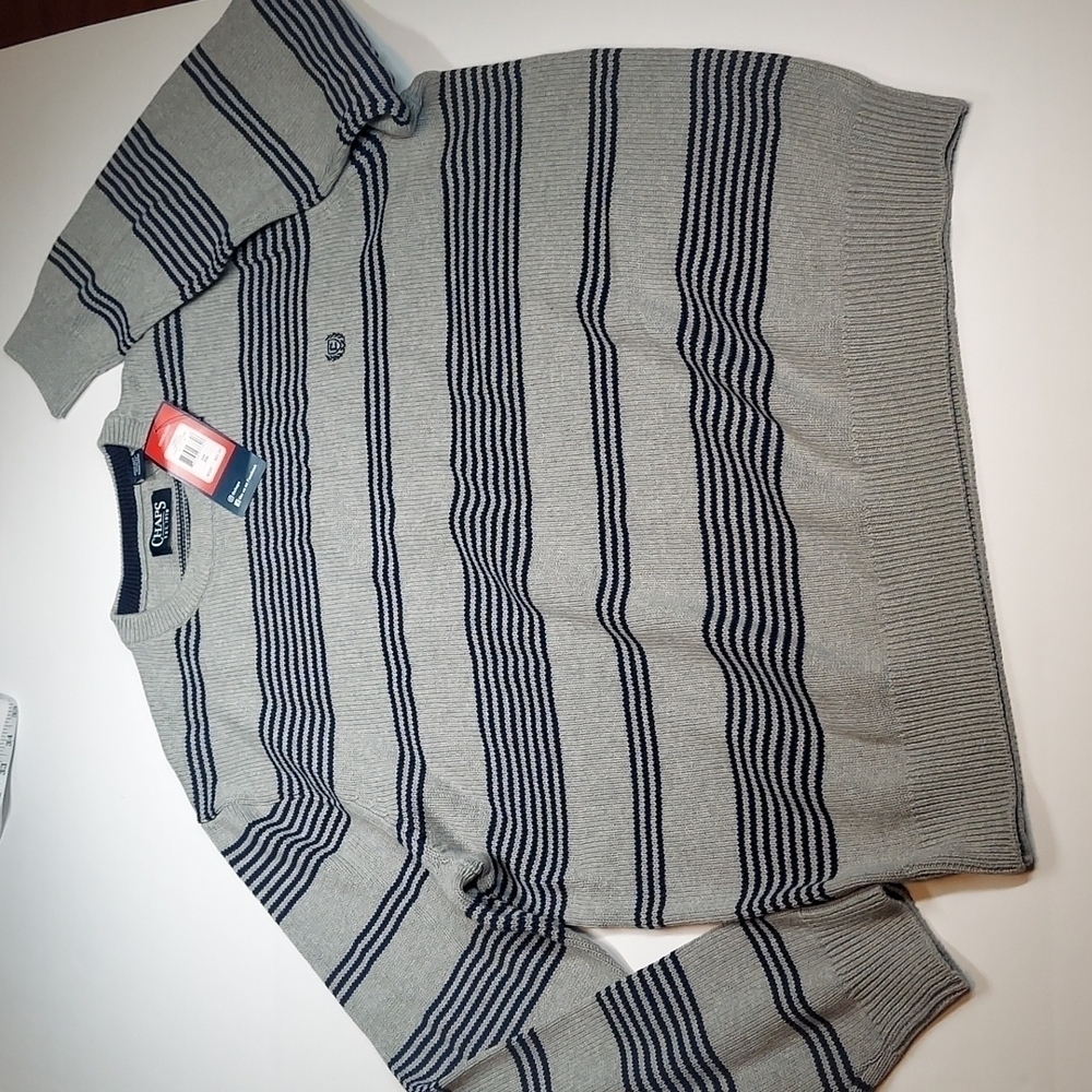 CHAPS Men's Oversized Sweater Size XXL Gray Blue Striped Embroidered Logo NEW